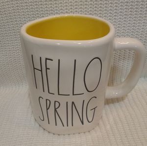 White Rae Dunn Coffee MUG Black Hello Spring yellow inside